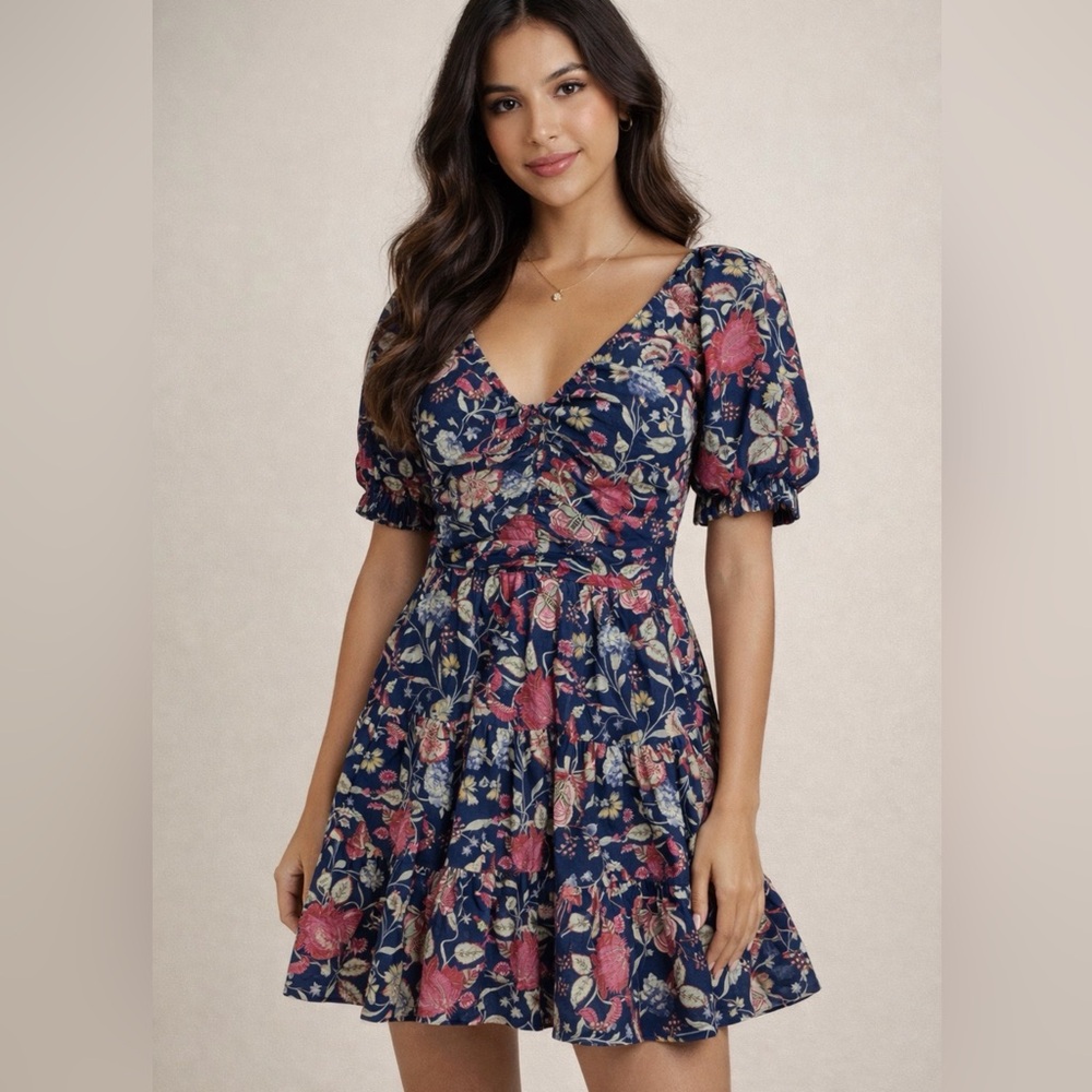 Gilner Farrar V Neck Rufled Short Sleeve Blue Multicolor Floral‎ Mini Dress Xs